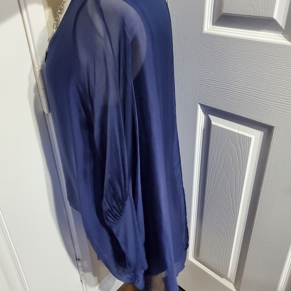 Navy Blue Silk Scoop Neck Tiered Ruffle Lightweight Blouse Women's Size L - Picture 7 of 10